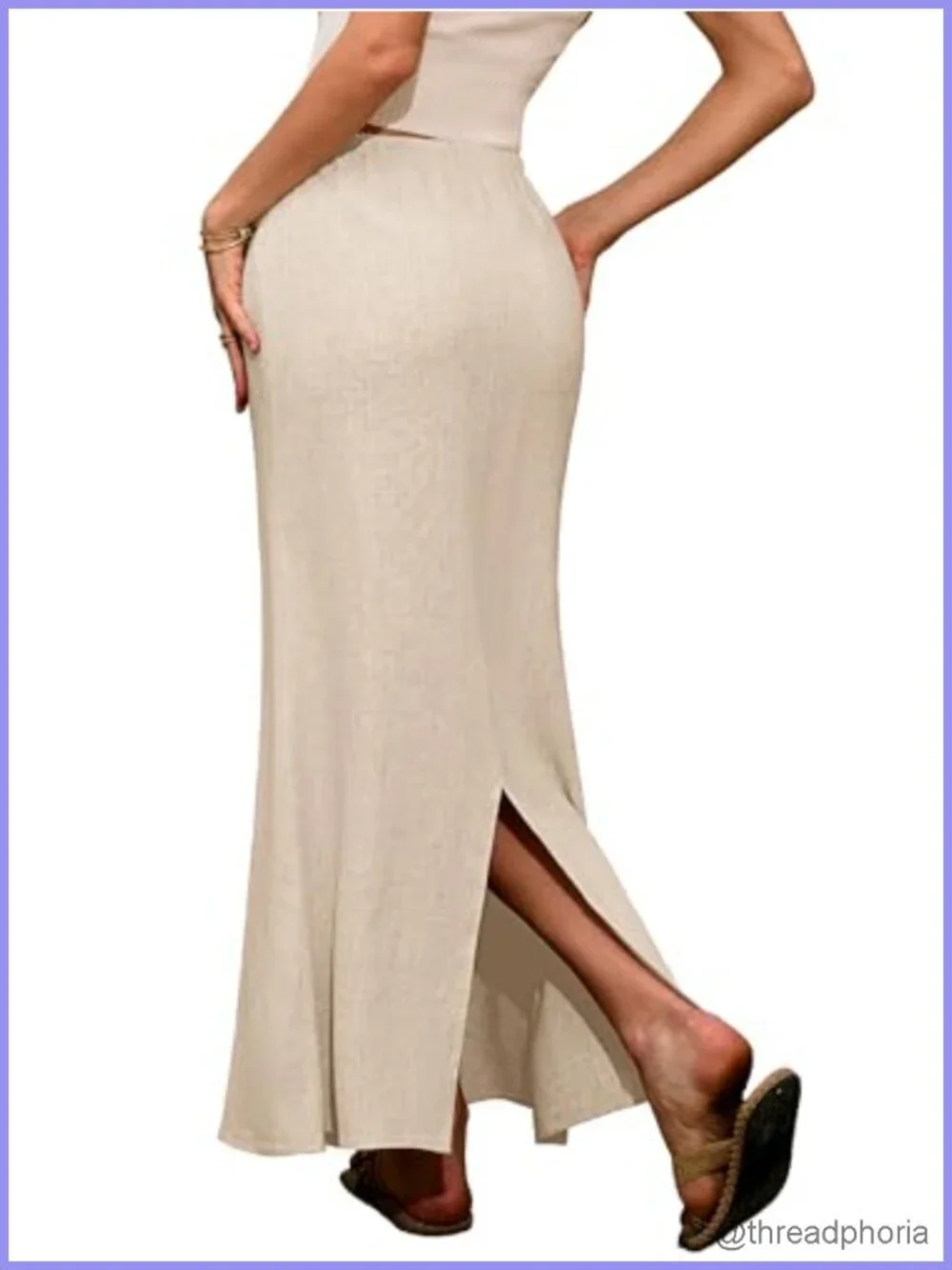 Linen Flared Maxi Skirt with Back Slit - Elastic Waist Drawstring -